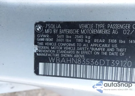 2006 BMW 750Li z USA, uszkodzony, nr VIN WBAHN83536DT39120